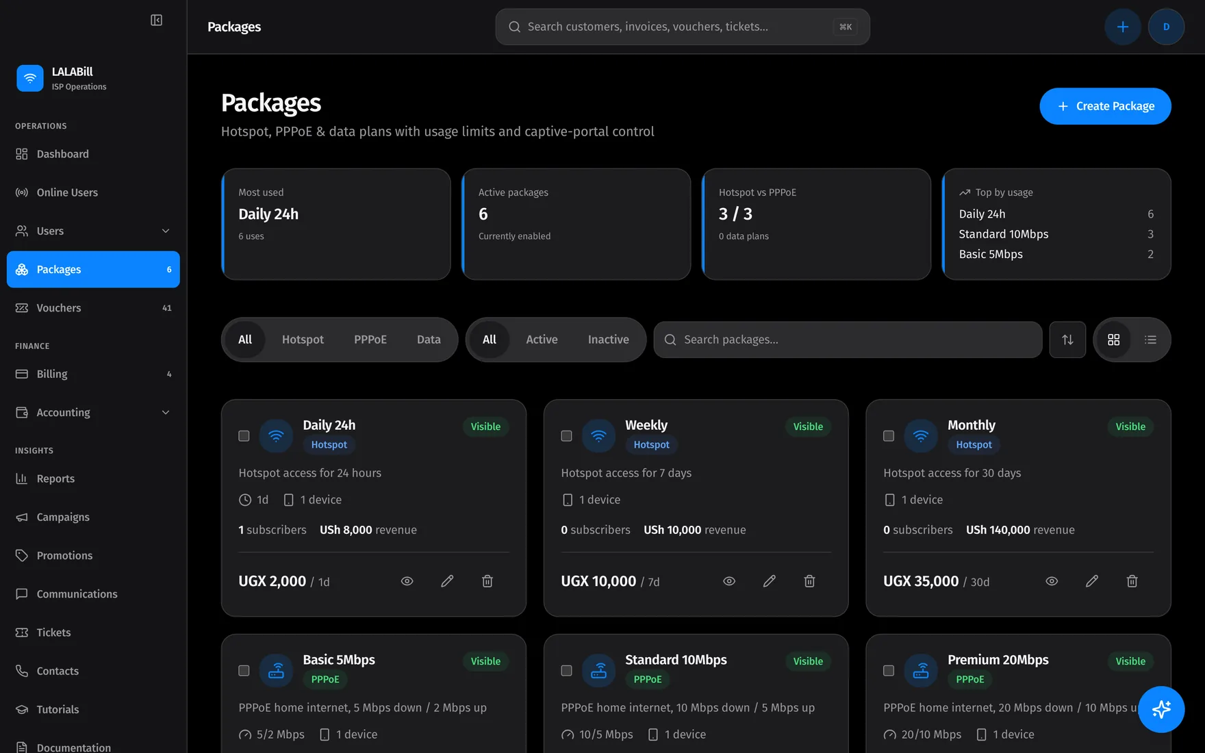 Plans and packages: build speed and data plans for hotspot, PPPoE, and fiber customers.