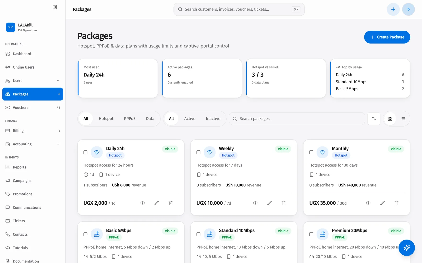 Plans and packages: build speed and data plans for hotspot, PPPoE, and fiber customers.