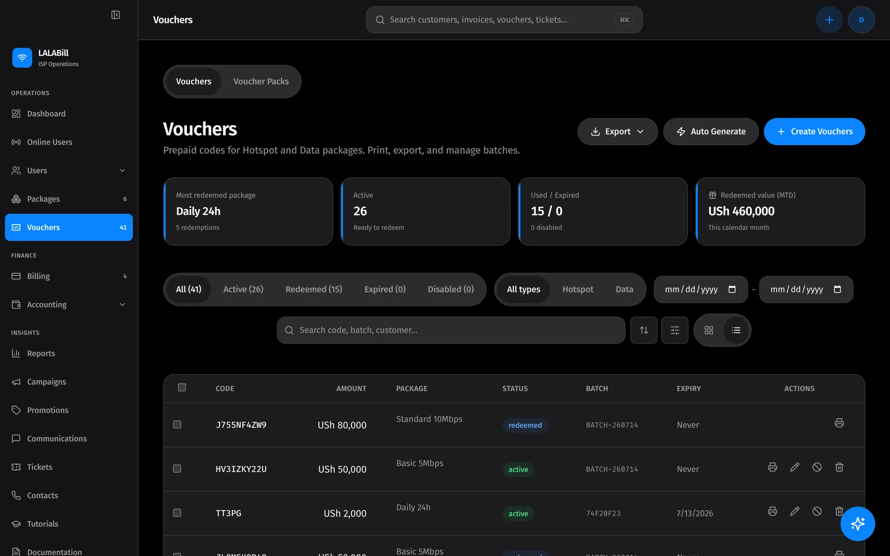 Vouchers: generate, print, and track prepaid WiFi codes in batches.