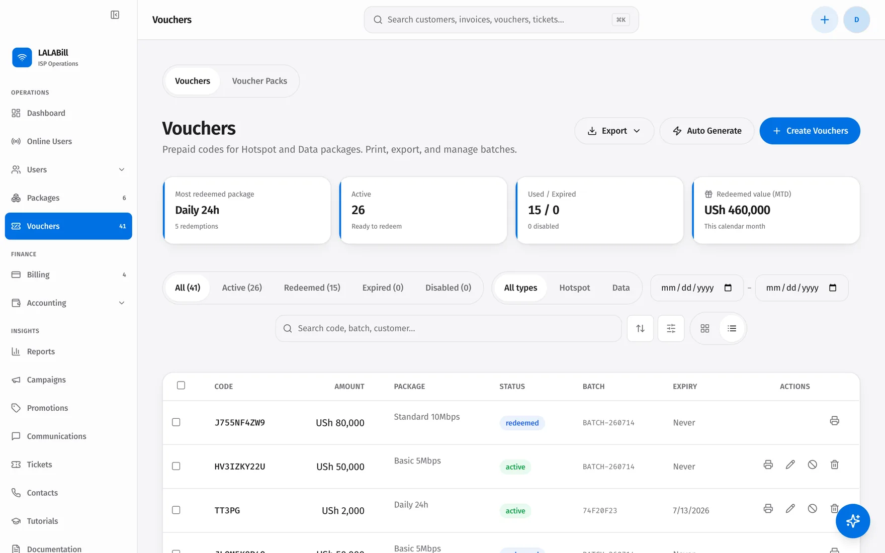 Vouchers: generate, print, and track prepaid WiFi codes in batches.