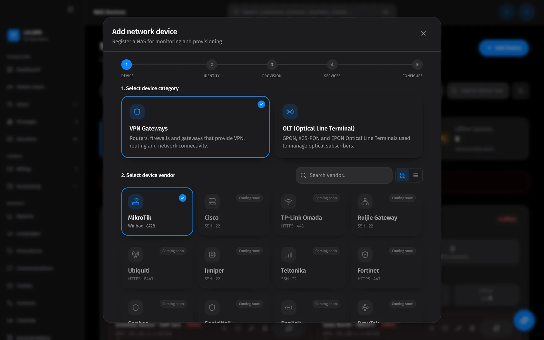 Guided onboarding: add MikroTik, Ruijie, Cisco, and other gateways through a wizard.