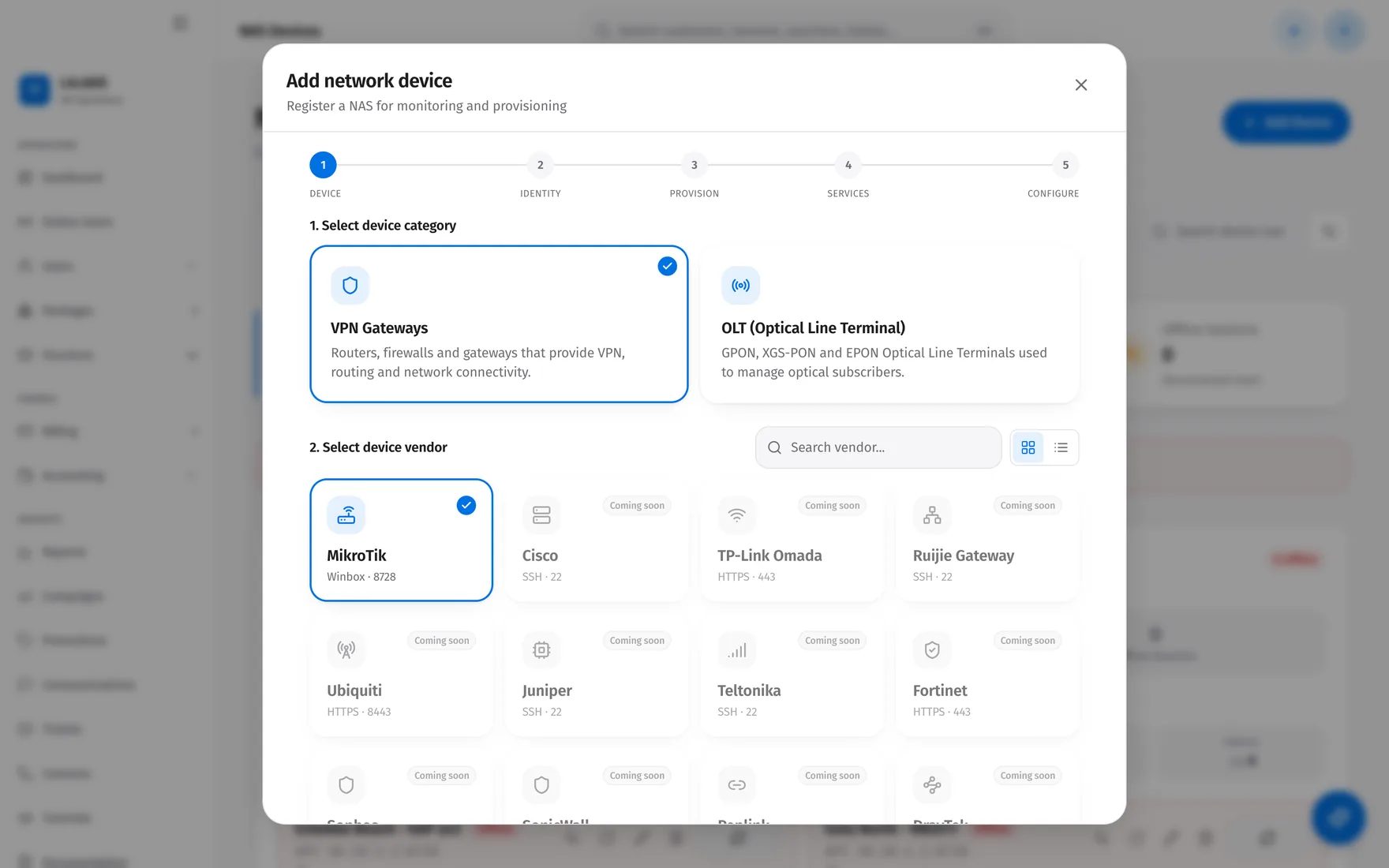 Guided onboarding: add MikroTik, Ruijie, Cisco, and other gateways through a wizard.